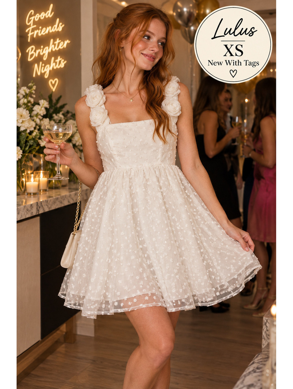 Lulus | XS | White Swiss Dot Rosette Dress